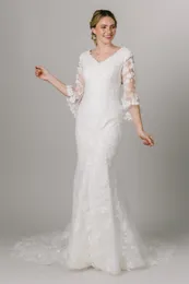 2021 koronkowe suknie ślubne syrenka skromne suknie ślubne z dzwoneczkami LDS suknie ślubne z rękawami cekinowe szaty religijne wykonane na zamówienie guziki powrót
