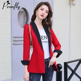 Kvinnors kostymer Blazers Peonfly Spring Slim Women Formal Office Work Single Button Notched Patchwork Ladies Coat Fashion Blazer Feminino Red