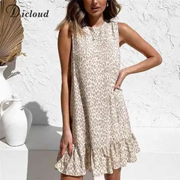 Dicloud Kobiet Letnia Sukienka Lampart Drukuj Biała Sundress Casual Beach Bez Rękawów Ruffle Light Women Odzież 210630