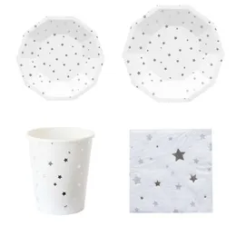 Förpackningsmiddagstjänst 2021 Silverfolie Disponertabell Centerpieces Star Mönster Pappersplattor Koppar Plaststrån Tabeller Tabeller för par