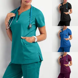 女性のための女性のTシャツの服2021半袖Vネックポケットケア労働者トップス夏の制服de Enfermera Mujer