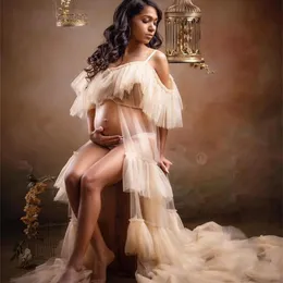 シャンパンマタニティドレススパゲッティストラップティアードスカート妊娠中の女性イブニングドレスRufflesランジェリーバスローブナイトウェアベビードール
