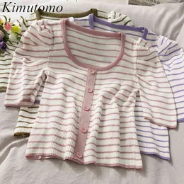 Kimutomo Paski Single-Breasted Krótki T-shirt Kobiety Wiosna Lato Koreański Styl O Neck Krótki Rękaw Dzianiny Top Casual 210521