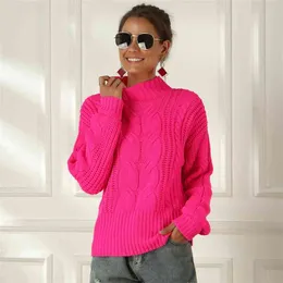 Neon tröja kvinnor stickade fuchsia rosa solida halv turtleneck pullovers lång casual löst stickning skjortor kvinnliga jumpers 210918