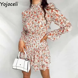 Yojoceli Elegant ruffle print short dres Autumn shirred leopard mini vestidos Casual cool sexy beach daily 210609