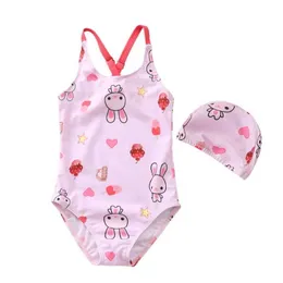 Summer Baby Girls Swimwear Striped Cartoon Królik Kwiaty Kwiaty Swimsuit Dzieci Ubrania E081 210610