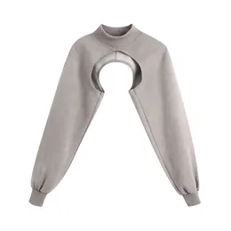 BlsQR Kobiety Moda Asymetryczna Cropped Bluza Vintage Wysoka Neck Długi Rękaw Kobiecy Swetry Szyków Topy 210430