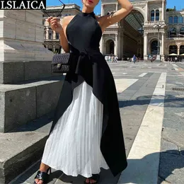 Elegant Woman Dress Sleeveless Halter Patchwork Female Maxi Sexy Backless Ladies Party Pleated High Waist Sukienki 210520