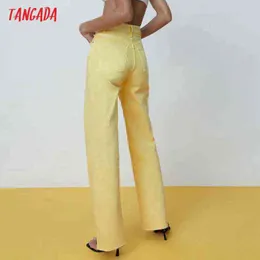Tangadaファッション女性黄色デニムジーンズパンツロングズボンポケットボタン女性ハイウエスト4M155 211129