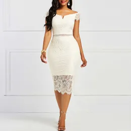 Kvinnors Vintage V Neck Floral Lace Dress Slim Sheath Knee Length Bodycon Plus Size Cocktail Party Es Y0823
