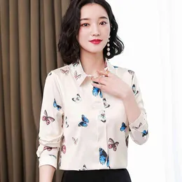 Koreańskie Koszulki Jedwabne Kobiety Z Długim Rękawem Kobieta Satyna Drukuj Blogi Topy Plus Size Camisas de Mujer Elegansy Damskie 210427