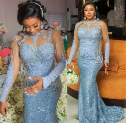 Dusty Blue Mermaid Prom Dresses 2022 Jewel Neck Tulle Lace Applique Long Sleeves Beading Sweep Train Custom Made Evening Party Gown Formal Occasion Wear vestidos