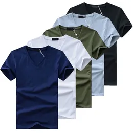 5pcs / mycket högkvalitativa mode T-shirts v nacke kortärmad t fasta casual män bomullstoppar tee sommarkläder 210716