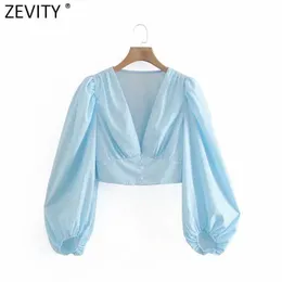 Zevity Women Elegant V Neck Floral Print Short Smock Blouse French Style Female Pleats Puff Sleeve Shirts Chic Crop Tops LS9173 210603