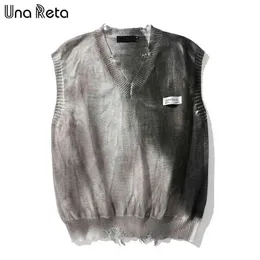 Una Reta Tie Dye Sweater Vest Men Streetwear Men's Vests V Neck Pullover Men ärmlös tröja Hål Män tröja 210818