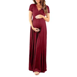 Woman Solid V-neck Short Sleeve Elasticity Pregnant Maternity Nursing Long Dress Maternity Clothes Q0713