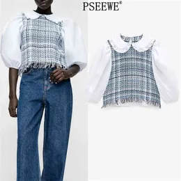 Blå Plaid Patchwork Crop Top Kvinnor Söt Peter Pan Collar Ruffle Kvinna Blusar Fashion Short Puff Sleeve Blus 210519