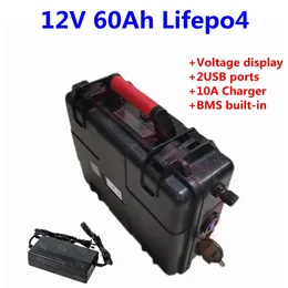 GTK 12V 60AH LifePo4 Pakiet akumulatorowy 12 V Wbudowany w BMS z wodoodporną obudową ABS dla samochodu elektrycznego 1200 W Motocykl E-Scooter+10A Ładowarka