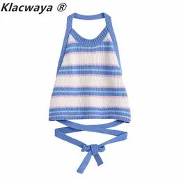 Vintage Paski Dzianiny Krótki Tank Top Kobiety Sexy Party Backless Hater Crop Tops Moda Streetwear Bow Kamizelka 210521