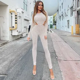 OEM Fishing Net Hollow Out Sexy Women's Jumpsuits Long Sleeve Grid Transparent Skinny Casual Women Jumpsuit Solid 210604