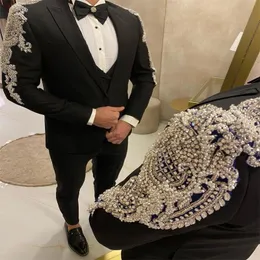 高級新郎結婚式のタキシード真珠ビーズメンズパーティーウエディングパンツスーツコートビジネスウェア衣装 2 個