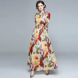Autumn Romantic Floral Holiday Maxi Dress Robe Women Long Sleeve Flower Print Sashes Pleated Chiffon Long Dress + Scarf 210514