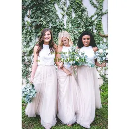 2021 Två Piece Lace Top Long Bridesmaid Dresses Vintage Lace Top Tulle Custom Maid of Honor Prom Party Gowns Cheap