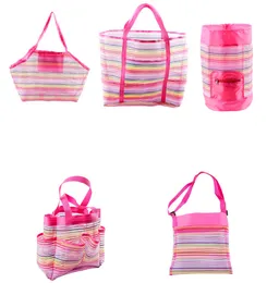 Striped Foldbar Beach Toy Bag Storage Pouch Tote Mesh Bags Travel Organizer Sundries Net Drawstring Ryggsäck