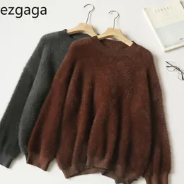 Ezgaga Vintage Gestrickte Pullover Pullover Frauen Winter Warme Outwear Mode Oansatz Solide Lose Damen Tops Home Wear Casual 210430