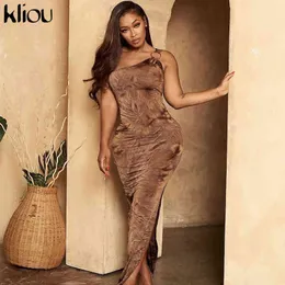 Kliou Yuvarlak Düğme Maxi Elbise Kadınlar Zarif Fit Ve Flare Yan Yarık Giyim Kolsuz Tek Omuz Backless Vestido De Mujer Y1204