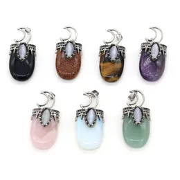 Natural Stone 7 chakra Charms Retro Moon shape Pendant Rose Quartz Healing Reiki Crystal Finding for DIY Necklaces Jewelry 22x45mm