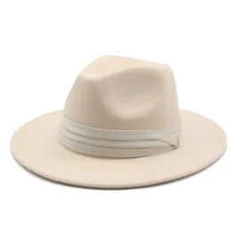 Kvinnor hattar bred brim filtad hatt kyrka bröllop bälte band jazz caps beige vit fedora höst vinter hattar sombreros de mujer