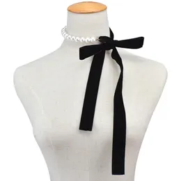 Punk Long Wide Black Velvet Ribbon Choker Bow Tie Simulerad Pärla Pärlor Charm Krage Halsband Gotiska Smycken Gåvor Goth J0312