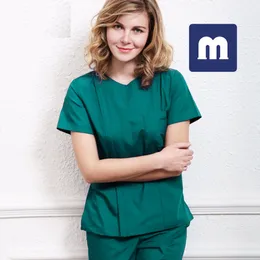 MEDIGO-085女性2ピースパンツ女性スクラブトップス+パンツ男性医療制服手術スクラブシャツ半袖病院制服ペットグレイの解剖学医師のワークウェア