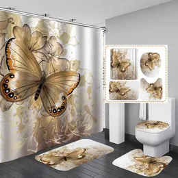 Butterfly Bath Shower Curtain Polyester Waterproof Bathroom Curtain Carpet Rugs Set Non-slip Kitchen/Bath Mat Shower Curtains 210712