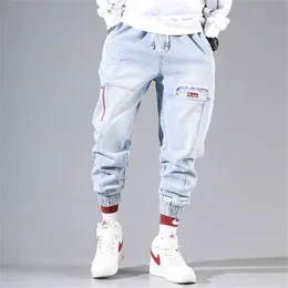 Fashion Hip Hop Streetwear Pants Mens Cargo Men's Jeans Elastic Waist Male Harem Joggers Sky Blue Black 210714