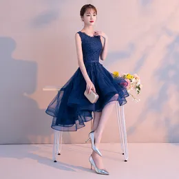 ローブデブイブニングドレスSoiree Navy Blue O-NeckノースリーブレースVestido de Festa Short Front Long Back Party Dresses