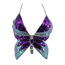 新しい到着の女性の蝶の形のスパンコールのホルタートップのセクシーな深Vネックバッククロップ夏の着用X0507のためのスリングベスト