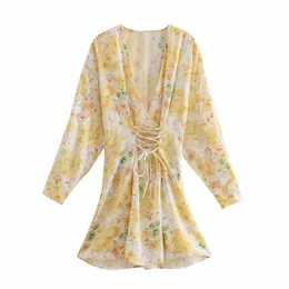 Sweet Women V Neck Bow Lace Dress Spring-Autumn Fashion Ladies Kinesisk stil Kvinna Blomman Skriv ut Mini 210515
