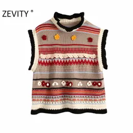 ZEVITY, suéter de punto con apliques florales a juego de color a la moda para mujer, suéteres informales sin mangas para mujer, tops elegantes S408 210603