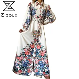Women Dress Retro Printed Maxi es Long Sleeve Single Breasted Belt Vintage Plus Size Ladies es 210524