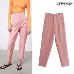 LVWOMN Za Women Pants Chic Pockets Straight Lady Office High Waisted Elegant Pink Blue Casual Woman Trouser 210925