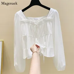 Autumn Lantern Sleeve Blouses Woman Vintage White Shirt Women Lace-up Square Collar Casual Dames Blouse Top Mujer 11230 210512