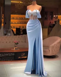 Himmelblau Satin Abendkleider Meerjungfrau formelle Kleidung Frauen Sext vorne von der Schulter -Prom -Party -Kleider Robe de Fiesta aufschlagen