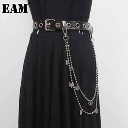 [EAM] Pu Leather Black Rivet Buckle Split Joint Chain Belt Personality Women New Fashion All-match Spring Autumn 2022 1DD7964 AA220312