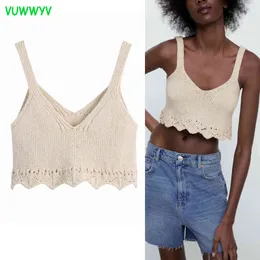 VUWWYV Beige Jacquard Stricken Crop Top Frauen Sommer Mode Streetwear Breite Träger Frau Blusen Casual Ärmellose Tops 210430