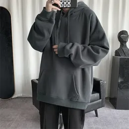 Hybskr koreanska mäns fasta färg hoodies casual hooded tröjor hoodie varm fleece manlig lös tröjor man kläder 220215