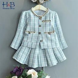 Humor Bear Girl Clothing Set 2022 Spring Autumn Long Sleeve Plaid Printed Cardigan +Skirt 2PCS Casual Kids Clothes 211224