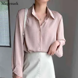 韓国の長袖の縞模様のオフィスシャツの女性のターンダウン襟ホワイトブロスツ女性カジュアルな緩い女性トップスBlusas Mujer 13679 210518