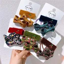 3 st Nya barns plysch Cherry Broderi Hårnål Koreansk Fashion Girl Vintage Floral Bow Elastic Hair Bands Hårtillbehör